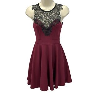Material Girl Sleeveless Lace Bodice Fit & Flare Mini Dress - Maroon Red - XS